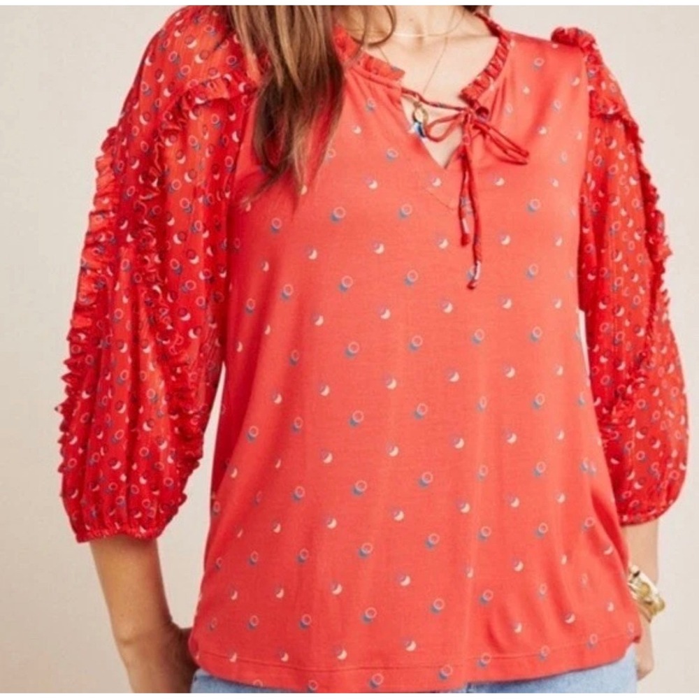 Maeve Anthropologie Jacquin Peasant Blouse Red Ruffle Puff Sleeve Small Tie Neck